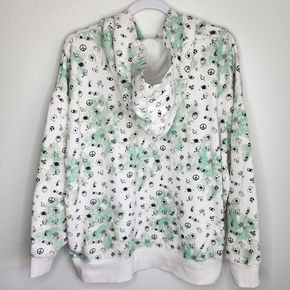 BP Hoodie Kangaroo Pocket Aliens Flowers Peace Sign Fruit White Green Large - Picture 4 of 9